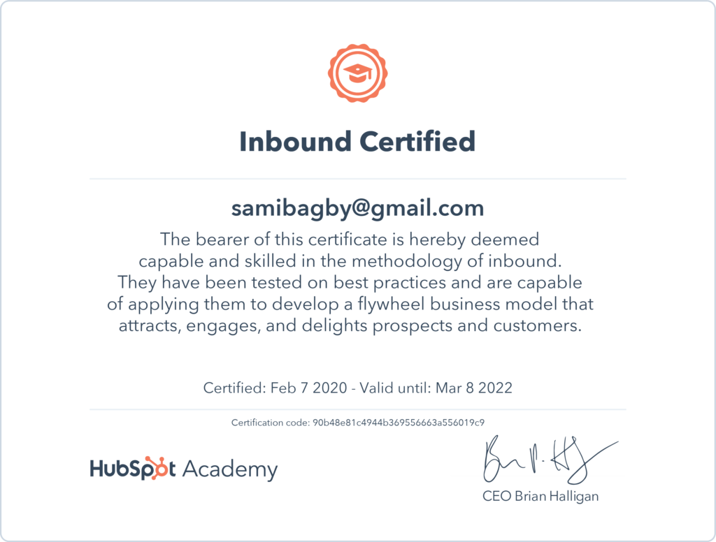 HubSpot Inbound certificate